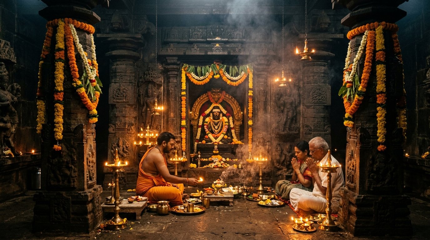 Indian Temple Sanctum with warm brass diyas