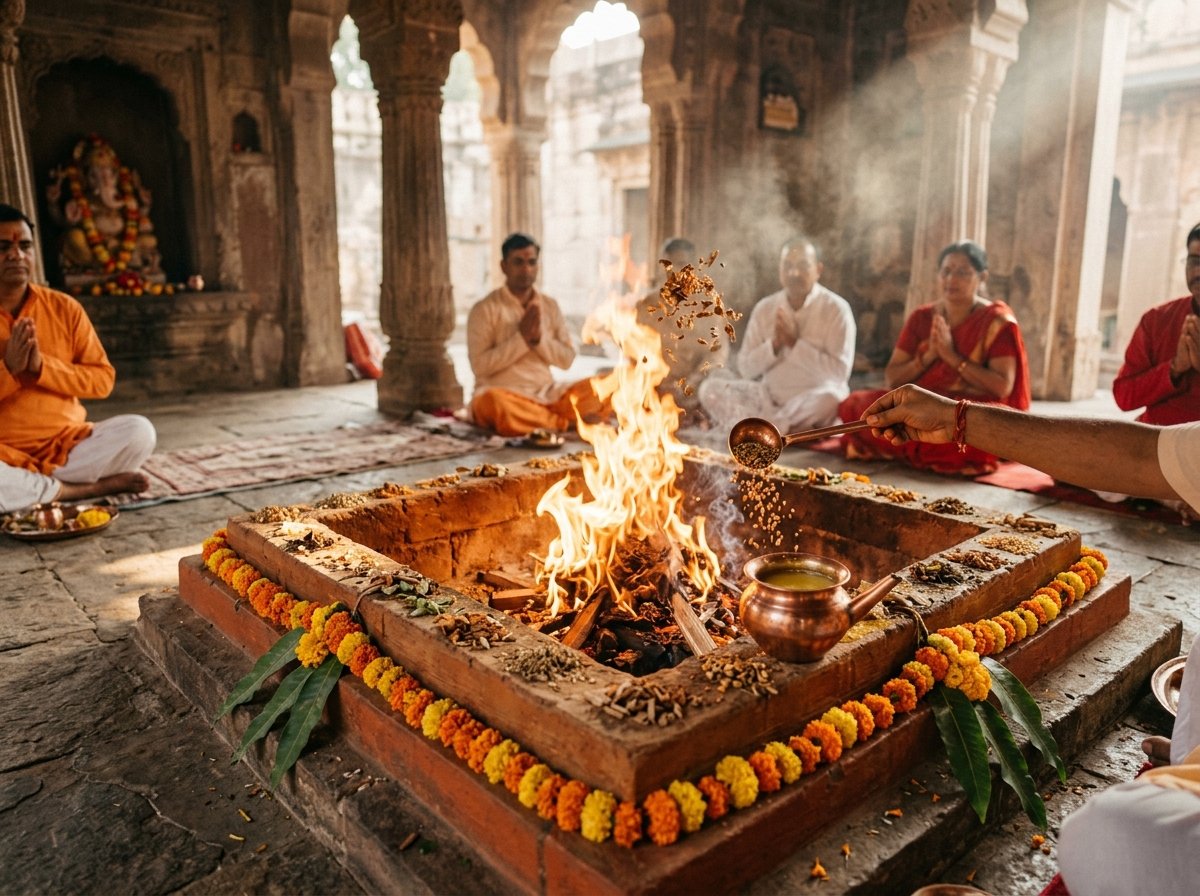 Sacred Vedic havan kunda with glowing agni